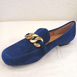 Slip On Loafers Shoes 7 Adrienne Vittadini Blue Suede Gold Chain Detail